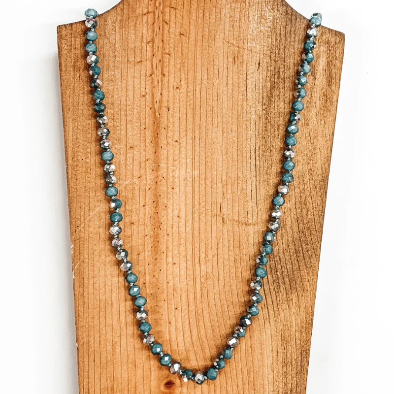 Dainty Silver Necklace-36 Inch 8mm Crystal Strand Necklace in Blue and Silver Mix