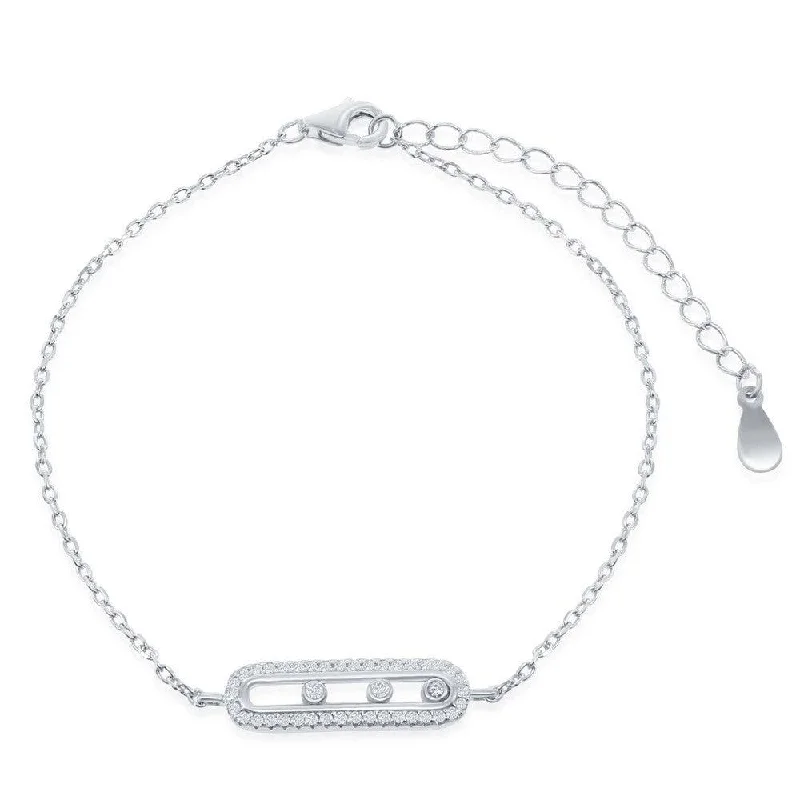 Large Silver Bangle-Sterling Silver Rectangle with Sliding Bezel-Set CZ Bracelet, 6"