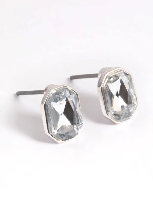 Funky Statement Earrings-Silver Diamante Radiant Stud Earrings