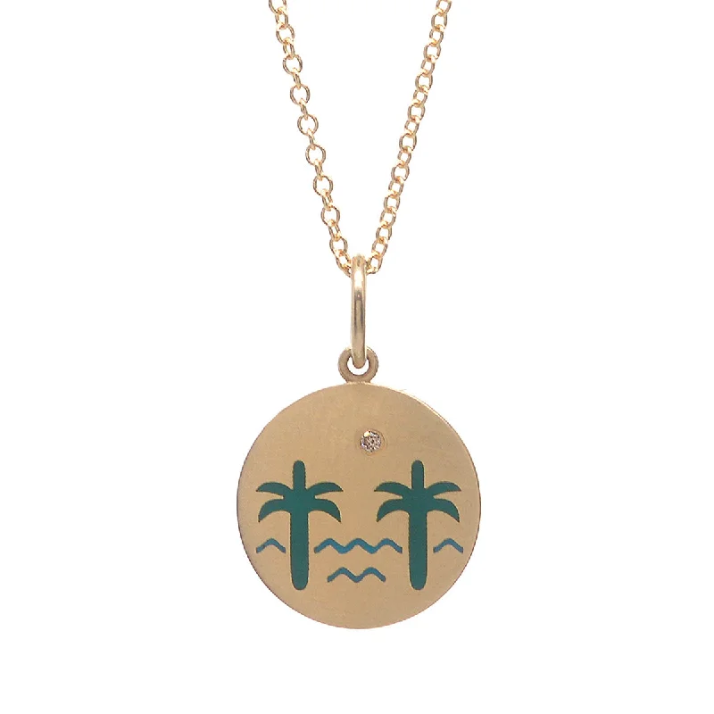 Long Silver Chain Necklace-Enamel Venice Palms Necklace with Champage Diamond