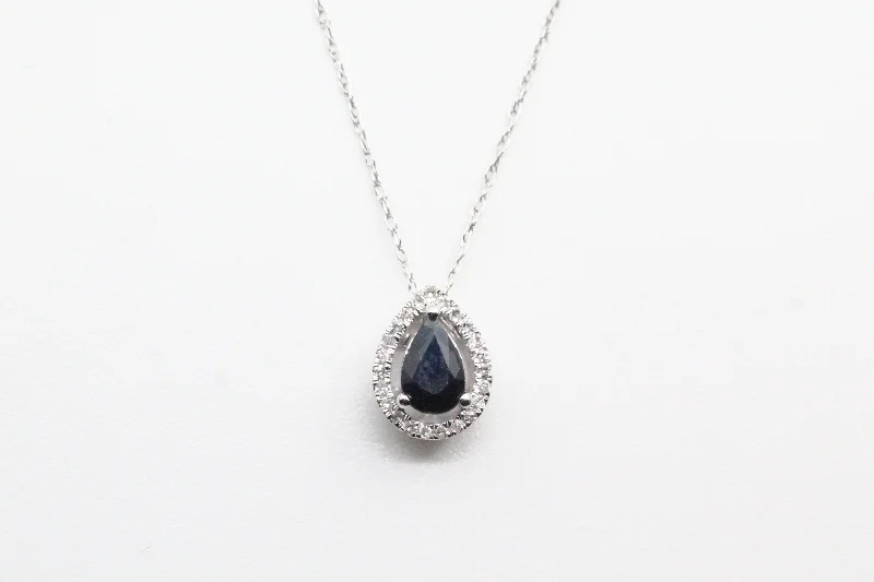 Romantic Heart Necklace-White Gold Sapphire with Diamond Halo Necklace