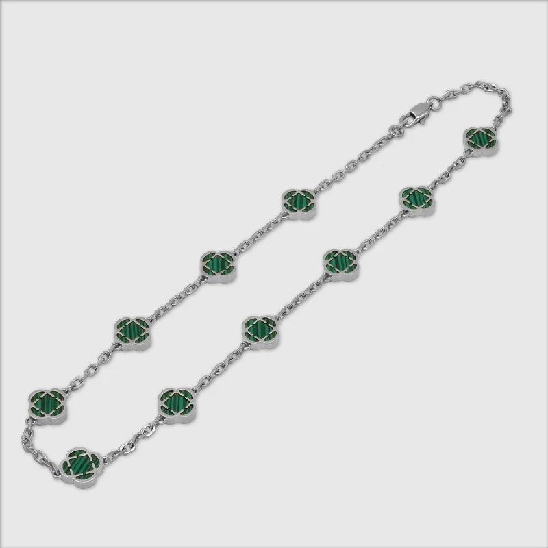 Silver Bar Necklace-Malachite Clover Stone Necklace (Silver)