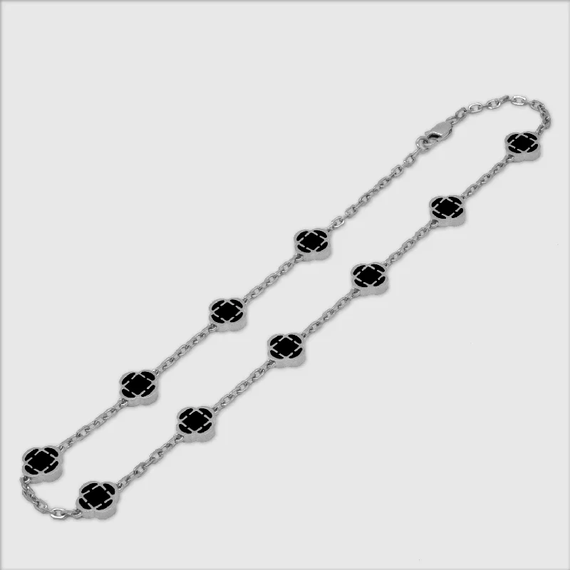 Trendy Gold Necklace-Onyx Clover Stone Necklace (Silver)