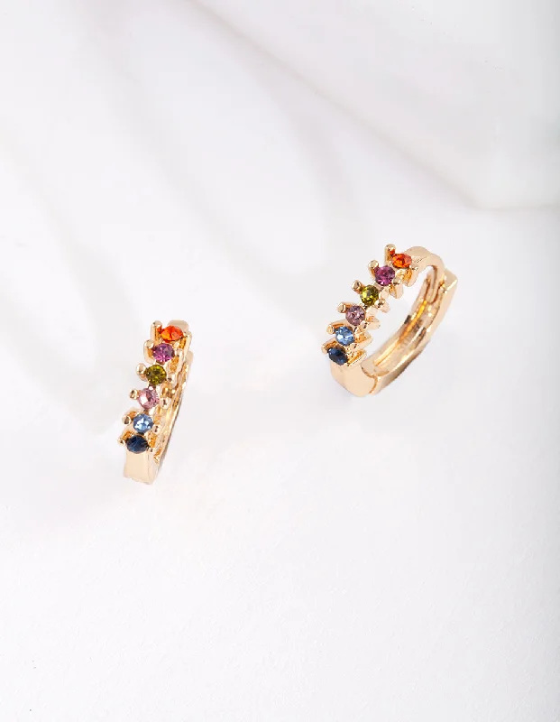 Rhinestone Stud Earrings-Gold Rainbow Diamante Huggie Earrings