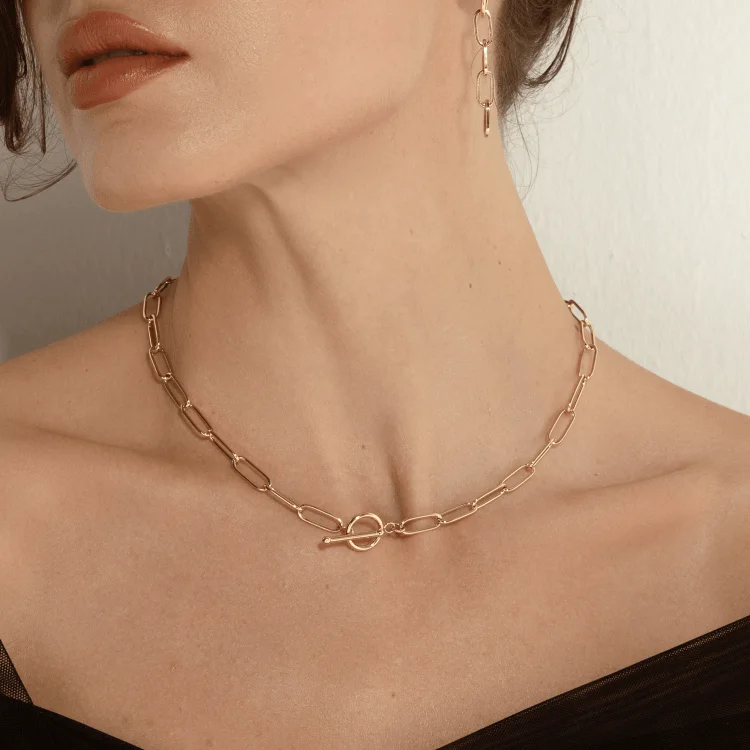 Silver Choker Necklace-Real Gold Round Lily T-bar Bigger Paper Clip Necklace 2531 N1415