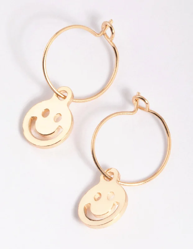 Unique Pearl Drop Earrings-Gold Cutout Smiley Hoop Earrings