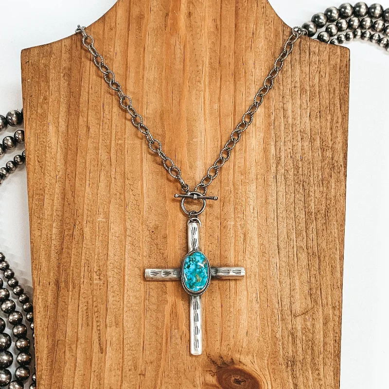 Long Silver Chain Necklace-BS | Navajo Handmade Sterling Silver Chain Necklace and Cross Pendant with Turquoise Stone and Toggle Clasp