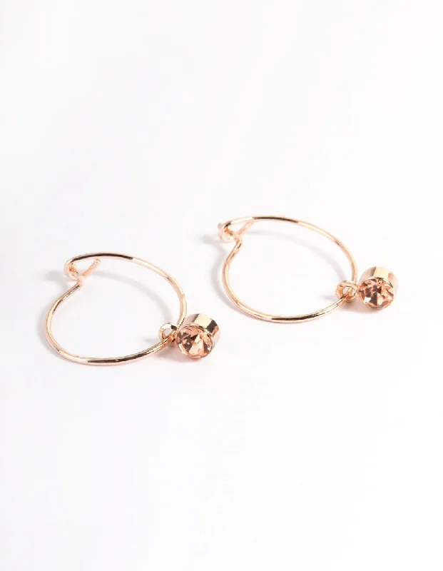 Silver Hoop Earrings-Pink Rose Gold Diamante Stone Hoop Earrings