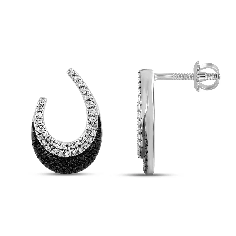 Sterling Silver Earrings-LADIES EARRINGS 0.33CT BLACK/ROUND DIAMOND 14K WHITE GOLD