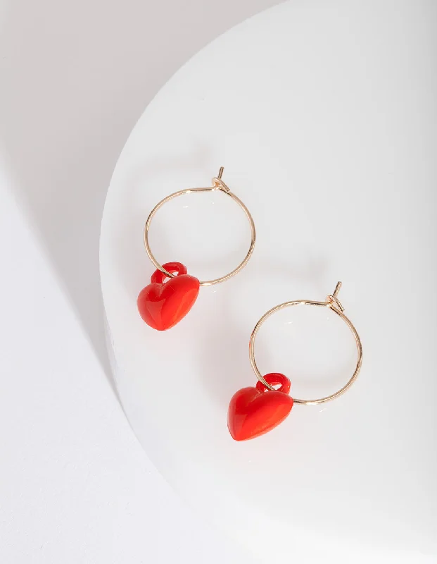 Unique Silver Hoop Earrings-Red Mini Heart Hoop Earrings