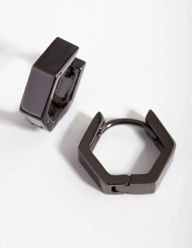 Trendy Ear Hoops-Gunmetal Hexagon Huggie Earrings