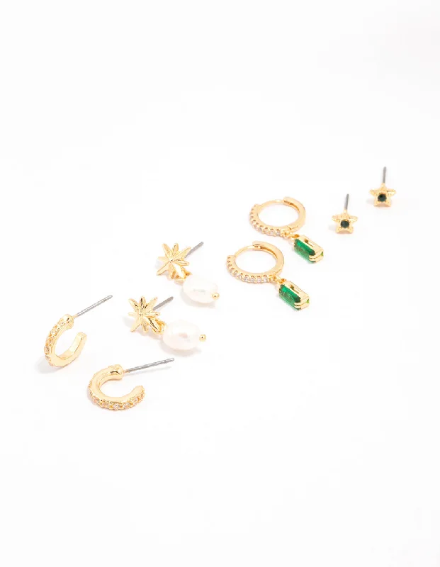 Customizable Earrings-Gold Plated Cubic Zirconia Emerald Baguette Celestial Earrings 4-Pack