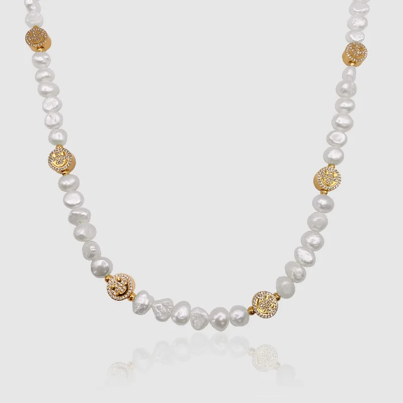 Classic Pearl Necklace-Iced Smiley Real Pearl Necklace (Gold)