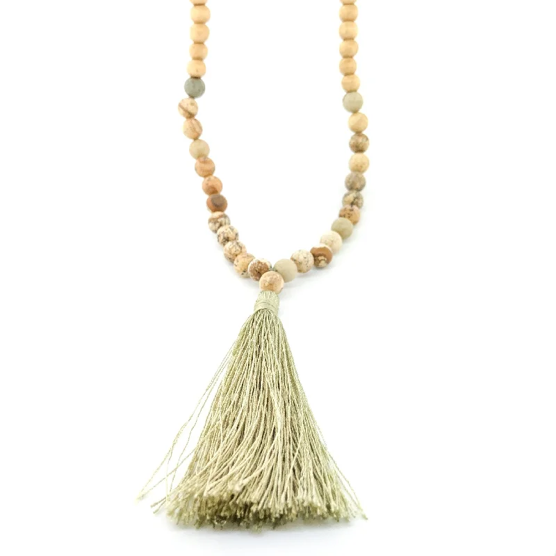 Wedding Necklace-Wood Bead Sage Tassel Necklace