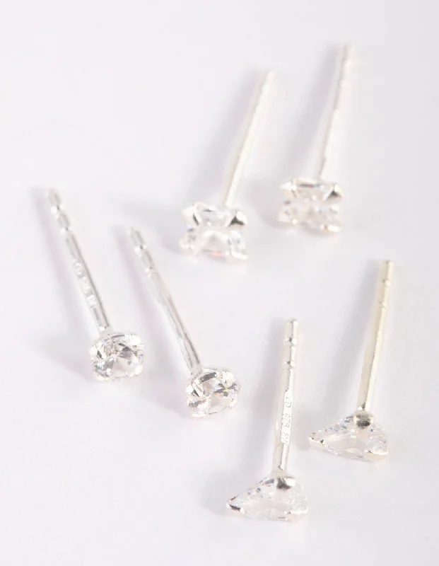 Elegant Ear Cuffs-Sterling Silver Cubic Zirconia Stud Earring Pack