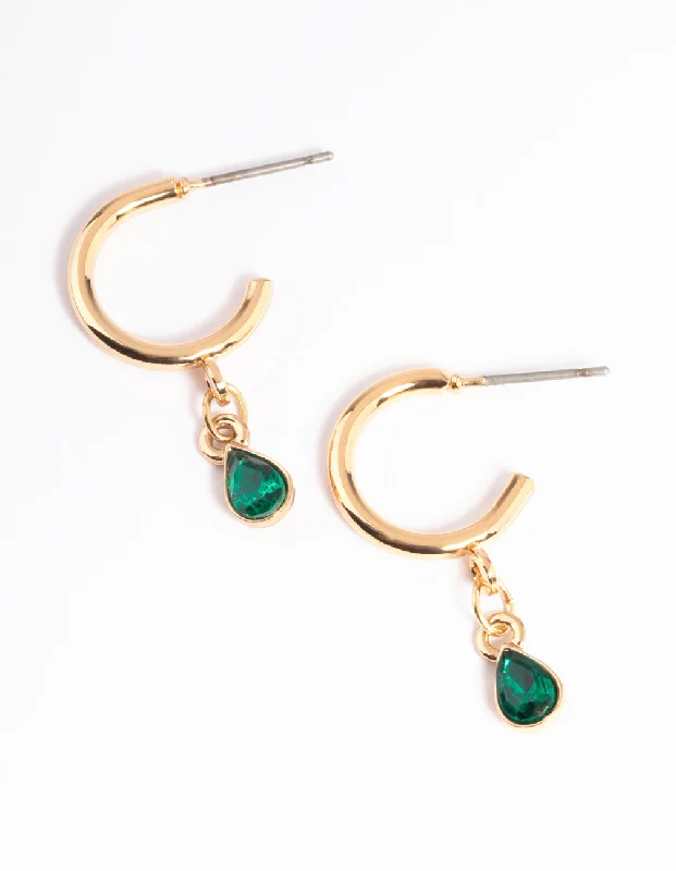 Classic Pearl Studs-Green Teardrop Stone Drop Huggie Earrings