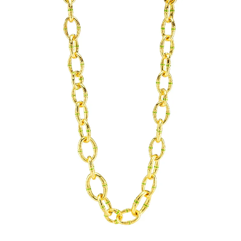 Gold Chain Necklace-Bangkok Bamboo Link Necklace, 18" - Gold/Green Enamel