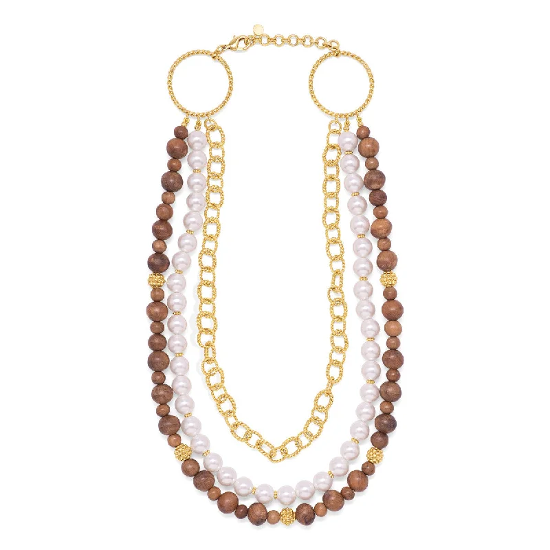 Layered Pearl Necklace-Earth Goddess Necklace, 18"+2" - Teak/Pearls