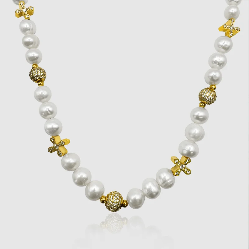 Fashionable Long Necklace-Iced Cross Real Pearl Necklace (Gold)