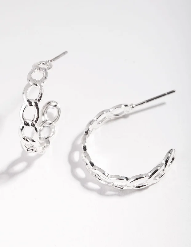 Casual Hoop Earrings-Silver Chain Link Hoop Earrings