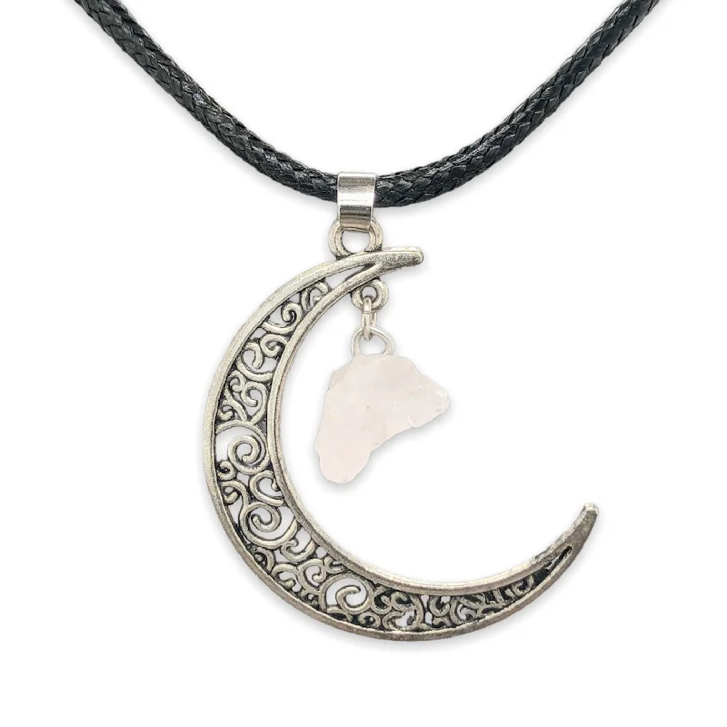 Minimalist Pendant Necklace-Silver Plate Rose Quartz & Black Leather Moon Necklace