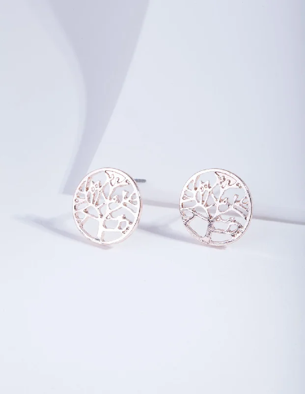 Unique Hoop Earrings-Rose Gold Tree Of Life Stud Earrings