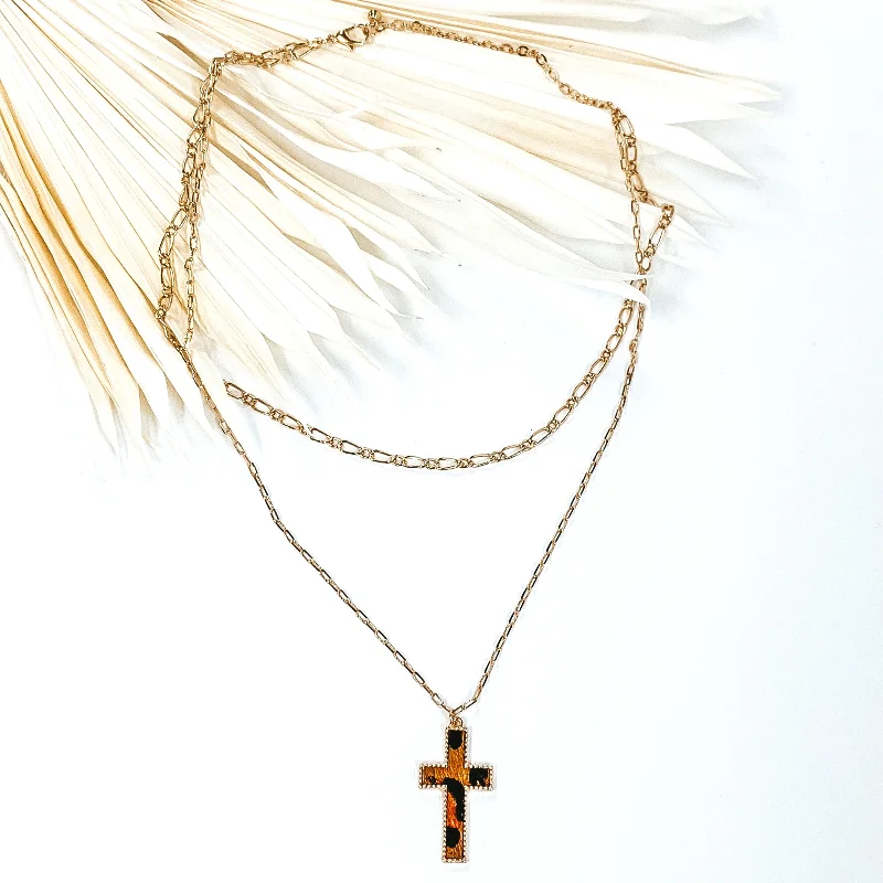 Custom Layered Necklace-Layered Chain Necklace with Cross Pendant in Brown Animal Print