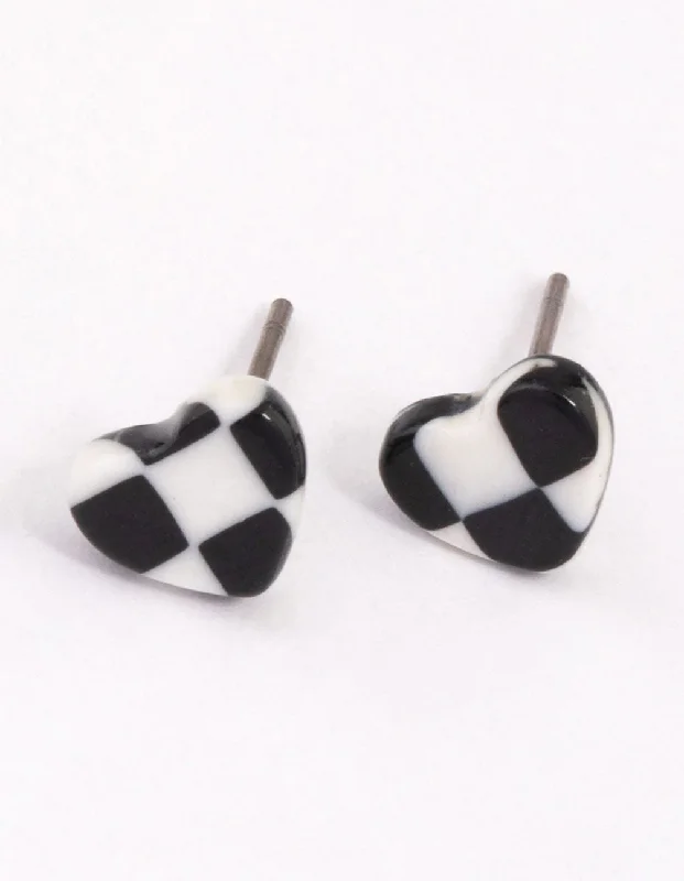 Luxurious Gold Earrings-White & Black Check Heart Stud Earrings