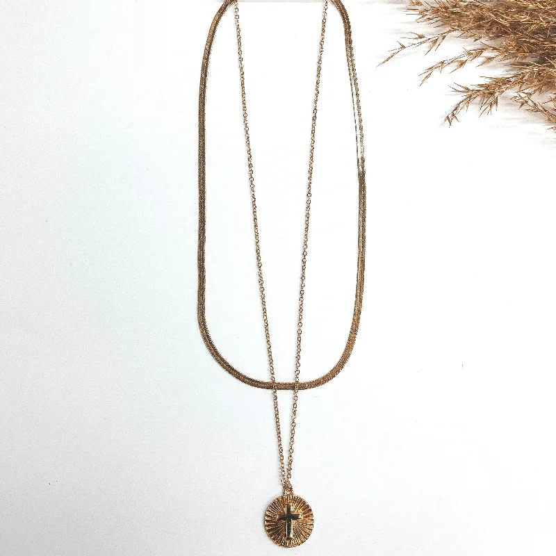 Bold Gold Necklace-Layered Herringbone Chain Necklace with Circle Sunburst Cross Pendant in Gold