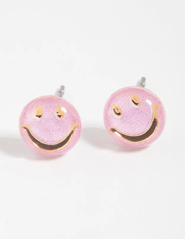 Fashionable Clip-On Earrings-Gold Happy Face Stud Earrings