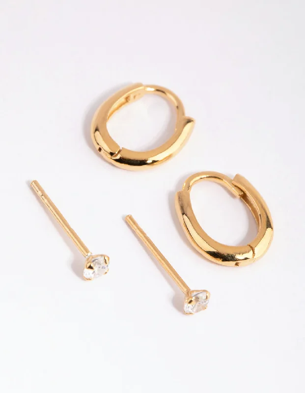 Elegant Drop Earrings-Gold Plated Sterling Silver Diamante & Oval Huggie Earring Pack