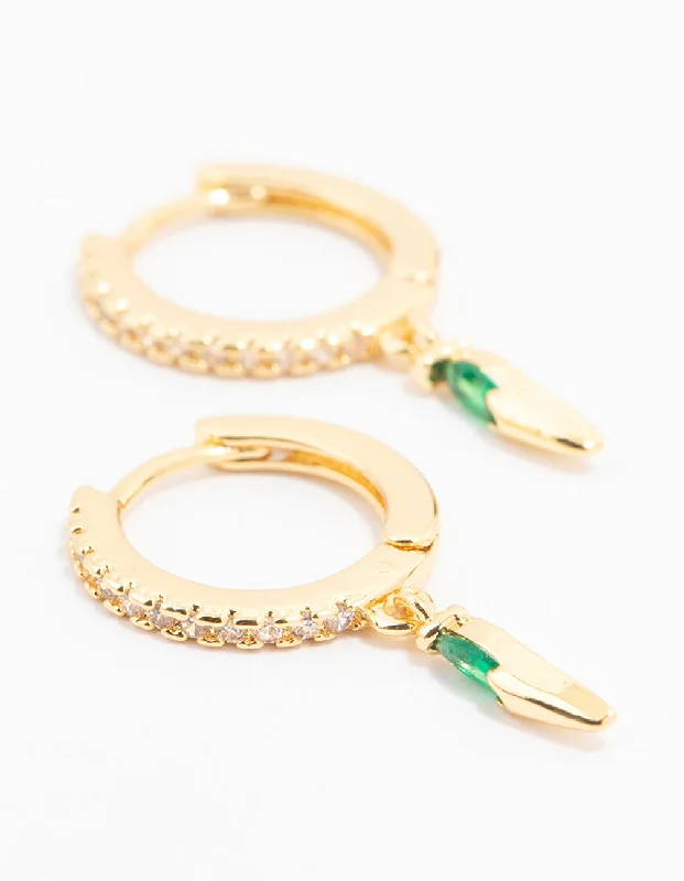 Rhinestone Earrings-Gold Plated Emerald & Cubic Zirconia Pointed Pear Huggie Earrings