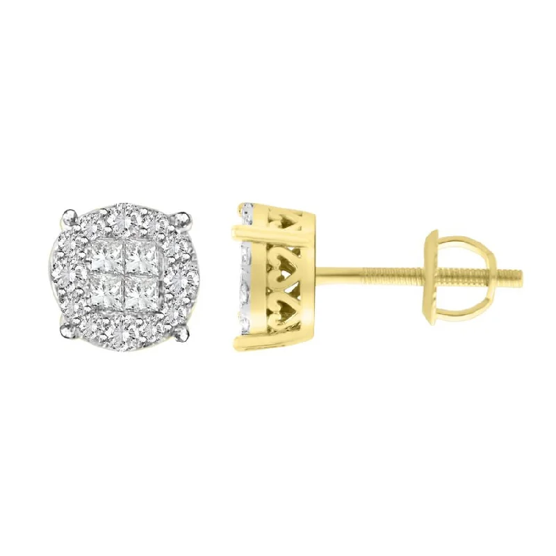 Geometric Shape Earrings-LADIES STUD EARRINGS 1.50CT ROUND/PRINCESS DIAMOND 14K YELLOW GOLD