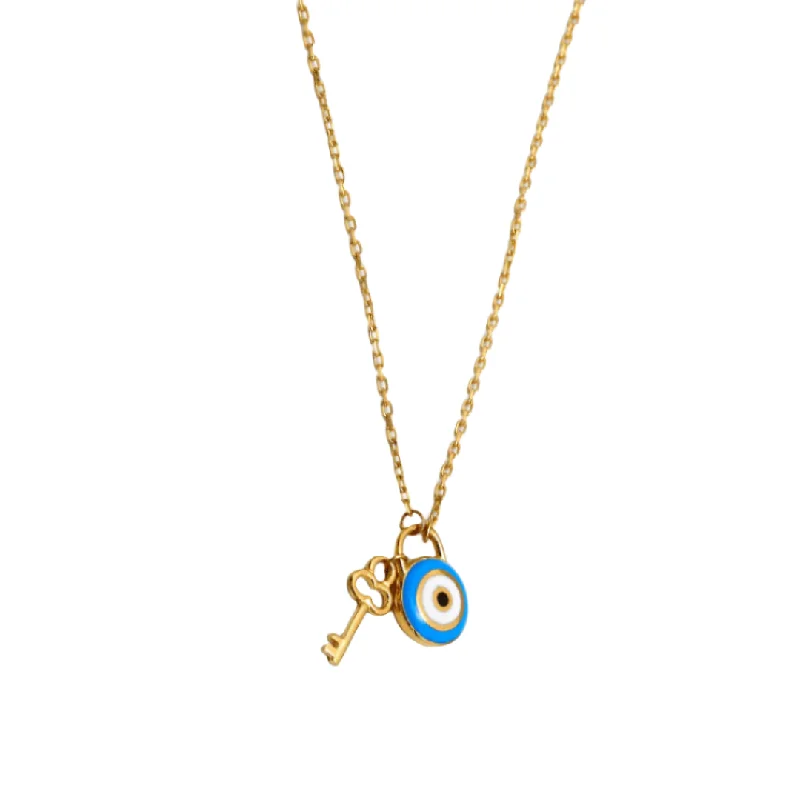 Adjustable Gold Necklace-Real Gold Necklace with Evil Eye and Key Dangler Charms - Model 9750 N1425