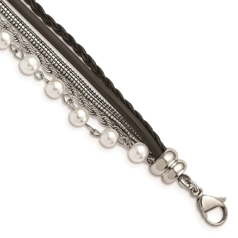 Simple Bead Bracelet-Stainless Steel Polished Imitat Pearls Faux Leather w/ 1in ext. Bracelet