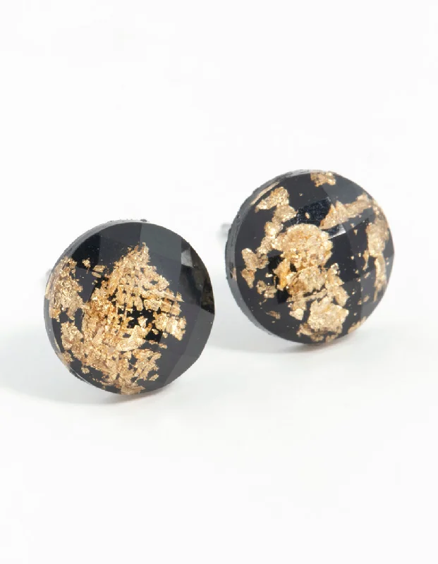 Fashion Drop Earrings-Black Gold Speck Circle Stud Earrings