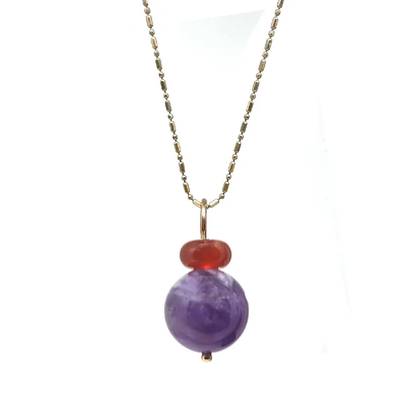 Simple Long Pendant Necklace-Lucky Pom Charm Carnelian Amethyst