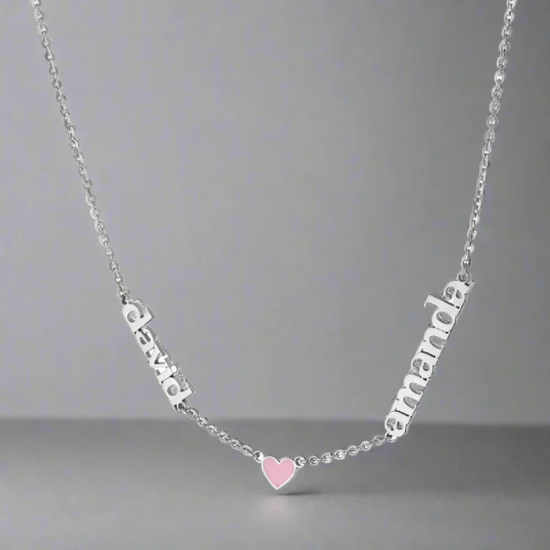 Geometric Pendant Necklace-SS 18" Necklace w 2 Names and Enamel Heart