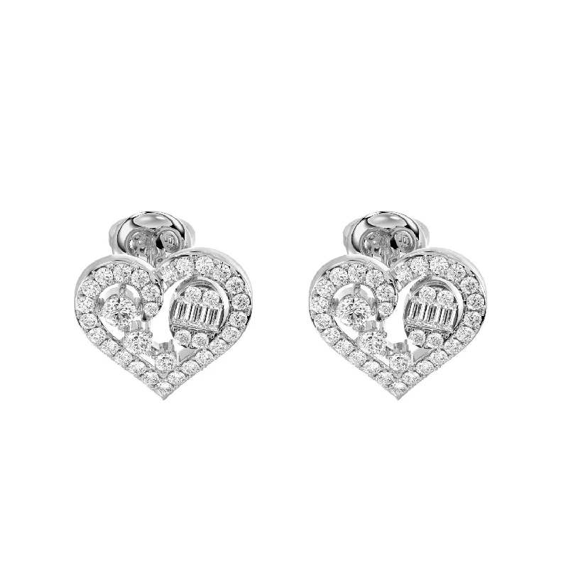 Elegant Gemstone Earrings-LADIES EARRINGS 0.75CT ROUND/BAGUETTE DIAMOND 14K WHITE GOLD