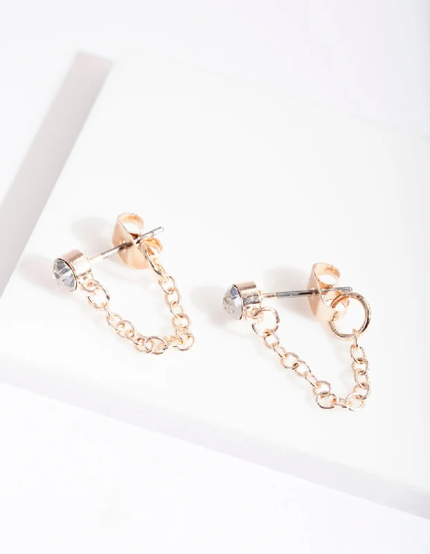 Double-Sided Earrings-Rose Gold Crystal Chain Stud Earrings