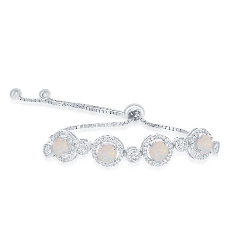 Women’s Crystal Cuff Bracelet-Sterling Silver Bezel-Set CZ and White Opal Bolo Bracelet