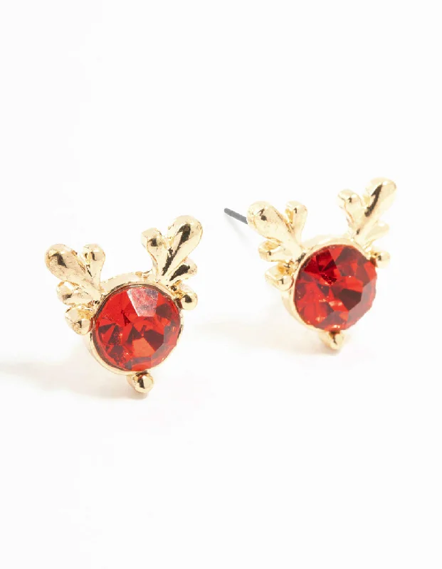 Metal Statement Earrings-Red Diamante Reindeer Gold Stud Earrings