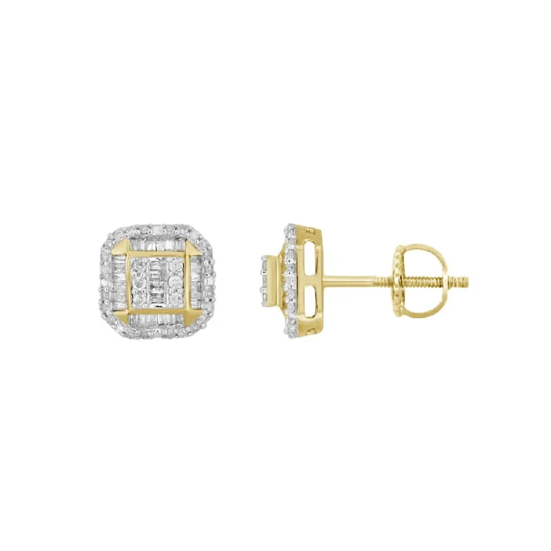 Bold Statement Earrings-LADIES EARRINGS 0.50CT ROUND/BAGUETTE DIAMOND 10K YELLOW GOLD