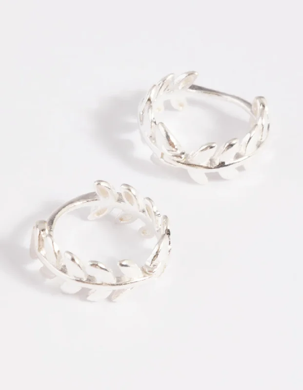 Minimalist Hoop Earrings-Sterling Silver Leaf Huggie Hoop Earrings