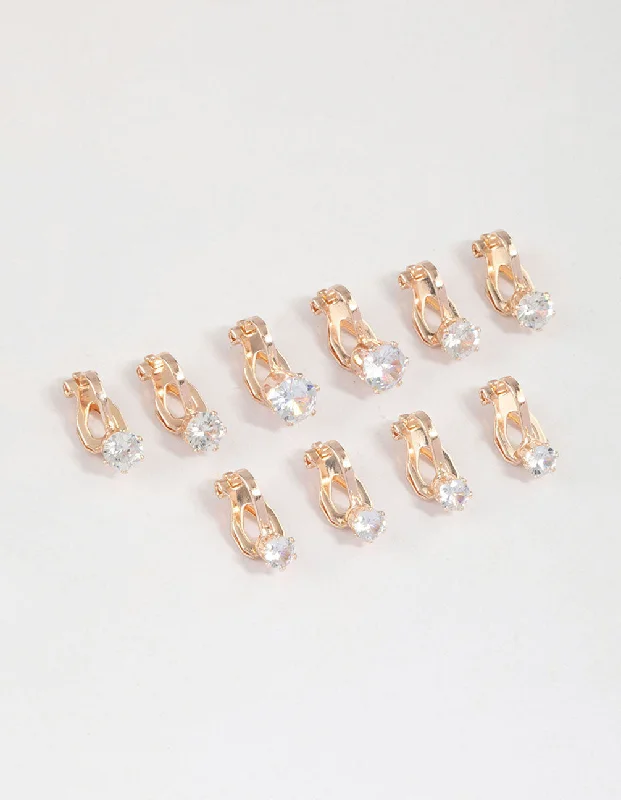 Adjustable Hoop Earrings-Rose Gold Graduating Diamante Clip On Earrings 5-Pack