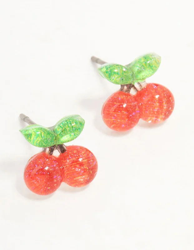 Unique Silver Hoop Earrings-Red & Green Bubble Cherry Stud Earrings