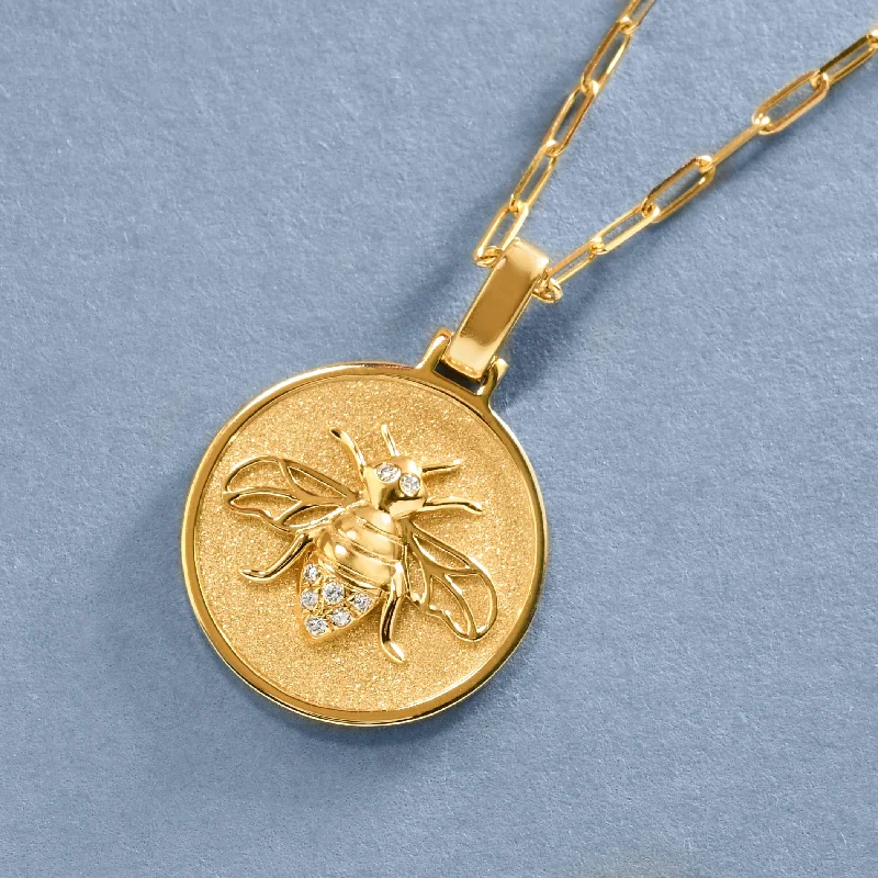 Gold Circle Necklace-Gold And Diamond Bee Medallion