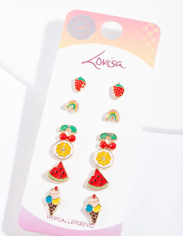 Pear Shaped Earrings-Kids Fruit Stud Earring 6-Pack