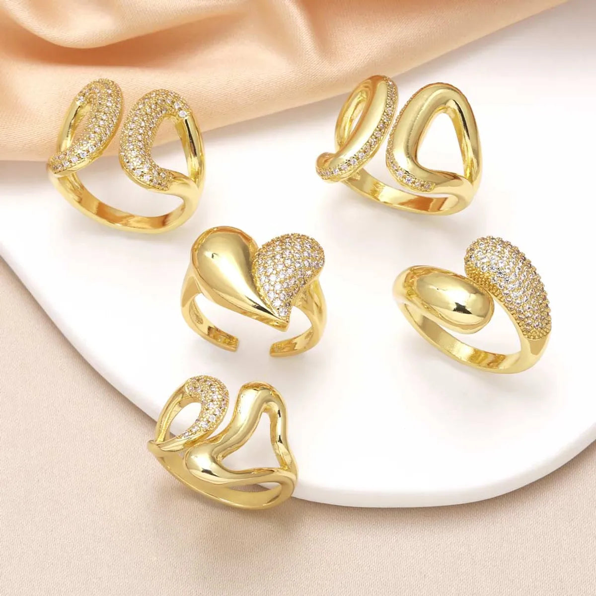 Copper 18K Gold Plated Plating Inlay Heart Shape Zircon Open Rings