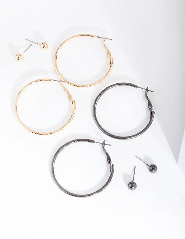 Classic Gold Earrings-Mixed Metal Stud Hoop Earring 4-Pack